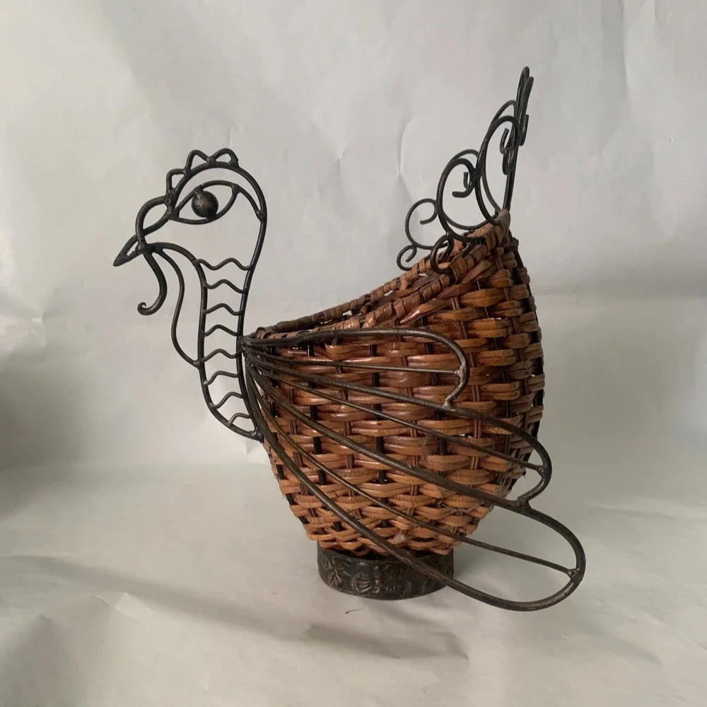Woven Rattan Metal Turkey Decorative Basket Brown Fall Farmhouse Thanksgiving